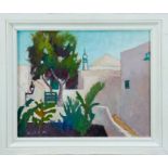 David Britton, contemporary, oil on board - Houses In Lanzerotte, signed, framed, 43cm x 54cm