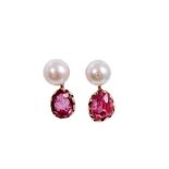 Pair of cultured pearl and spinel earrings