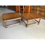 Pair of Ercol elm coffee tables on turned legs joined by stretcher H38.5cm W75cm D75cm