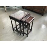 Oak nest of three tables, oak long stool, and an oak two tier plant stand