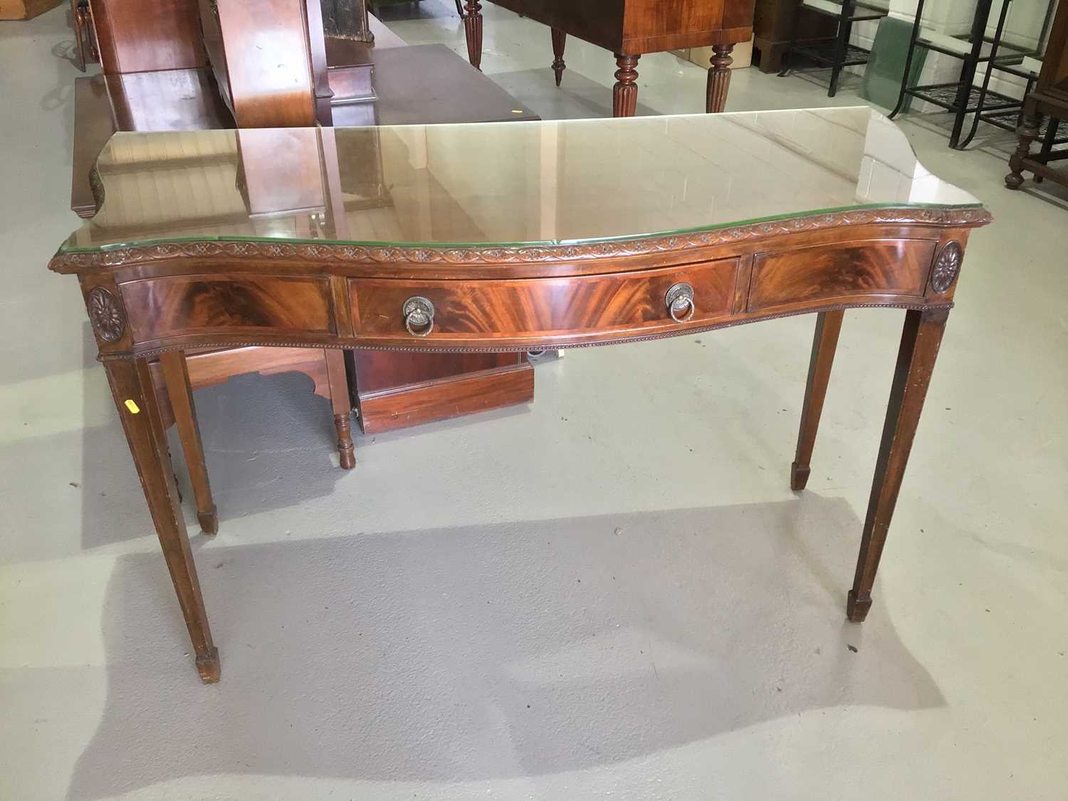 Georgian style reproduction console table with serpentine front single drawer below on square