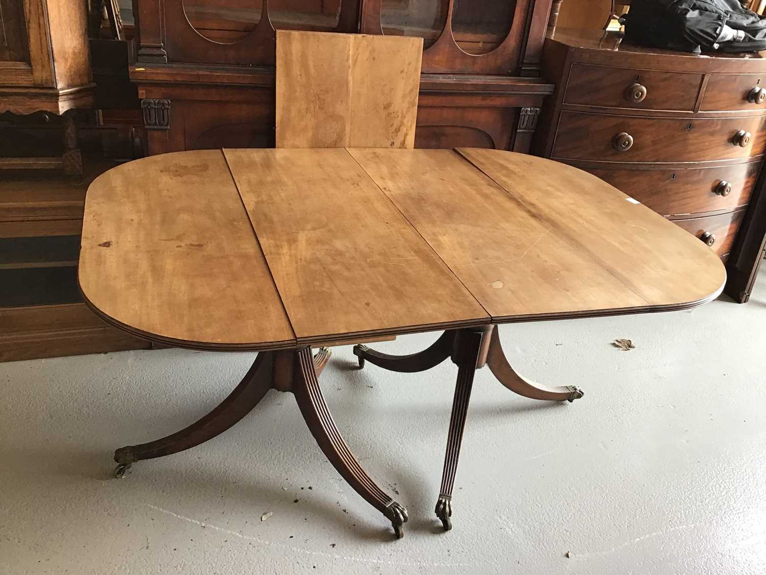 19th century mahogany twin pedestal D-end dining table on turned supports with receded splayed legs