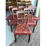 Set of six Victorian mahogany balloon back dining chairs with brown buttoned seats on turned front l