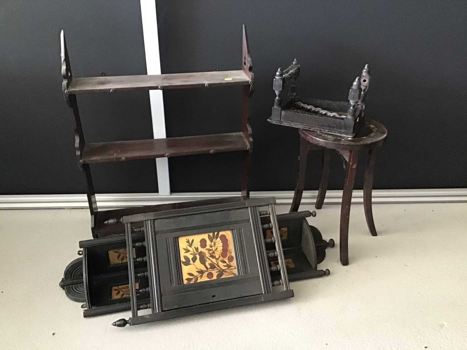 Victorian ebonised and gilt hanging corner unit together with another shelf and two stools