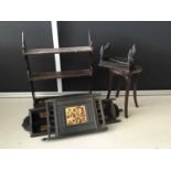 Victorian ebonised and gilt hanging corner unit together with another shelf and two stools