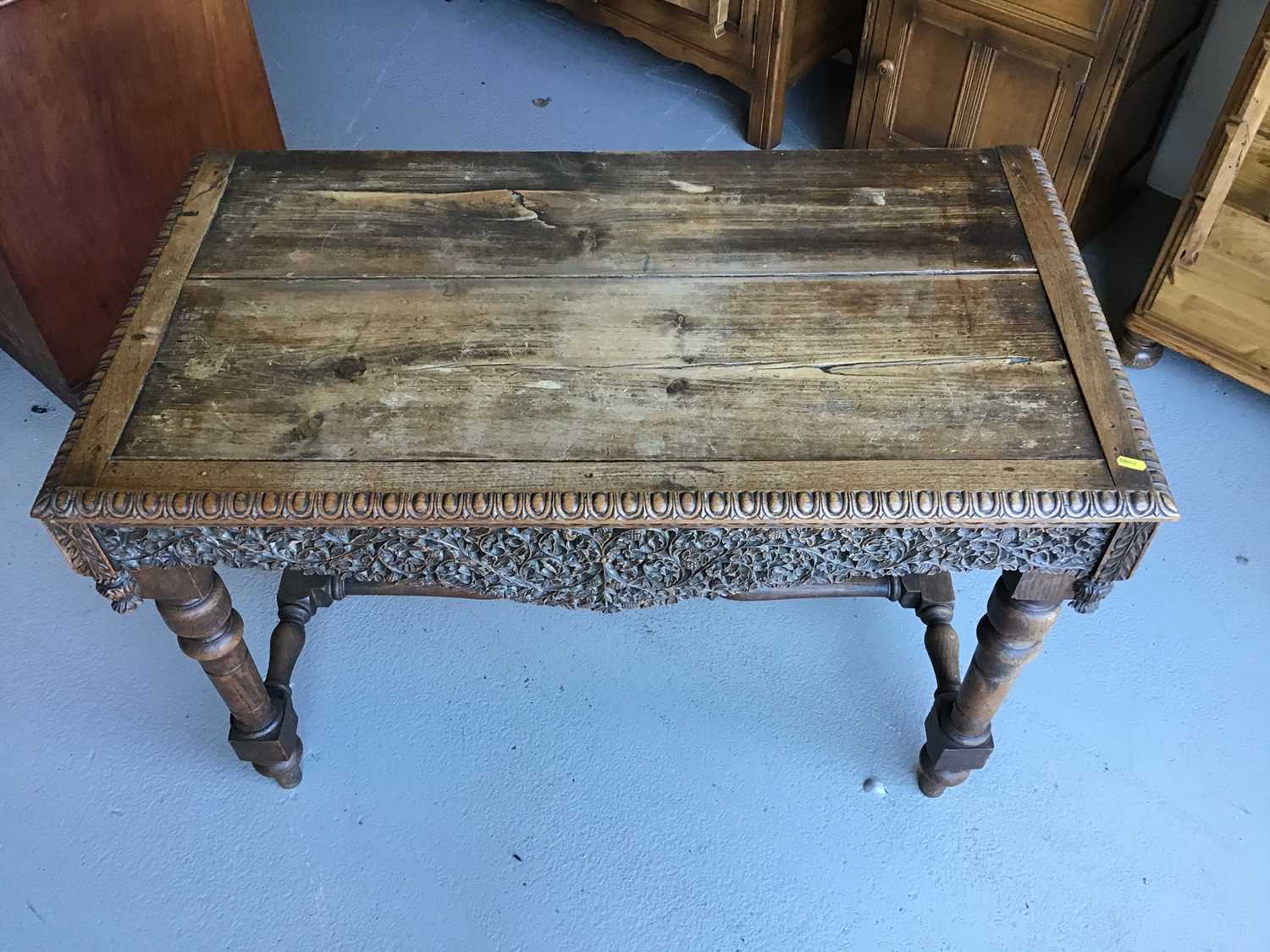 19th century carved oak hall table on turned legs joined by stretcher H72cm W107cm D58cm - Image 2 of 3