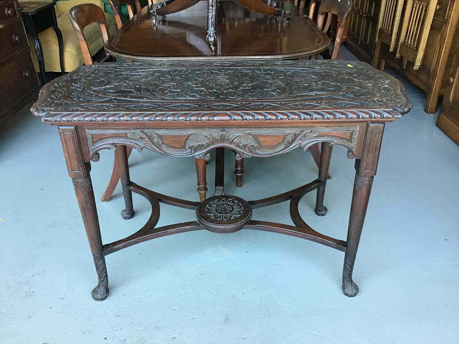 19th century Anglo Indian carved side table on turned legs joined by stretcher H72cm W107cm D58cm