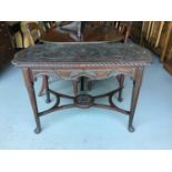 19th century Anglo Indian carved side table on turned legs joined by stretcher H72cm W107cm D58cm