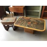 Oak tiled topped coffee table together with a similar nest of three tables, coffee table H43cm, W99c
