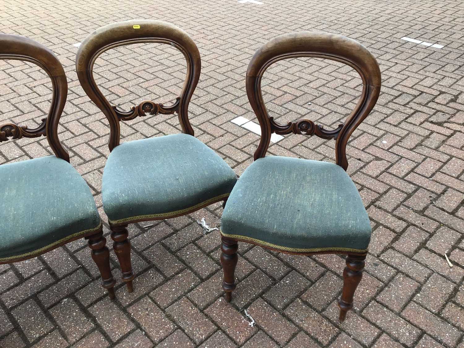 Set of four Victorian mahogany balloon back dining chairs upholstered in blue material on turned - Image 2 of 3