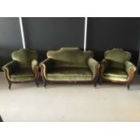 Early 20th century rosewood and inlaid three piece suite with stylish frame upholstered in green