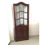 Stained mahogany three fold dressing screen with glazed and panelled design H183cm W206cm