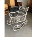 White painted wrought metal gothic rocking garden chair