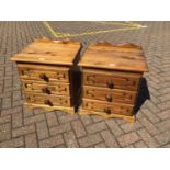 Pair of stained pine bedside chests with three drawers H56cm W54cm D44cm