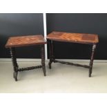 Victorian mahogany inlaid games table on turned supports joined by stretcher together with another