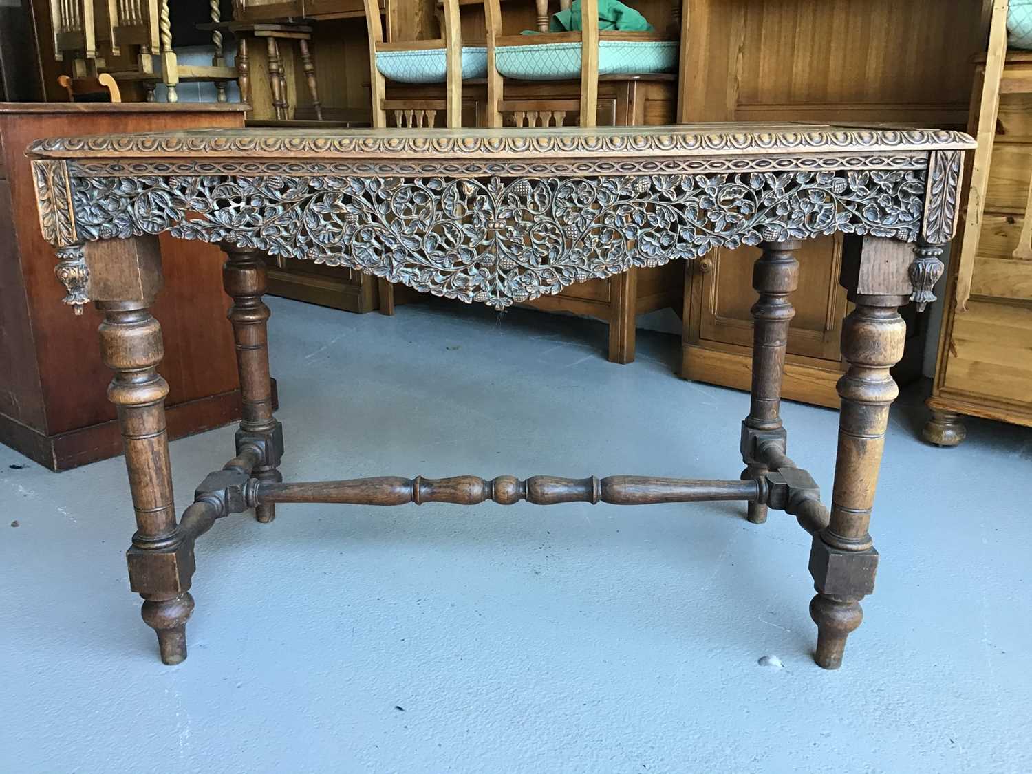 19th century carved oak hall table on turned legs joined by stretcher H72cm W107cm D58cm - Image 3 of 3