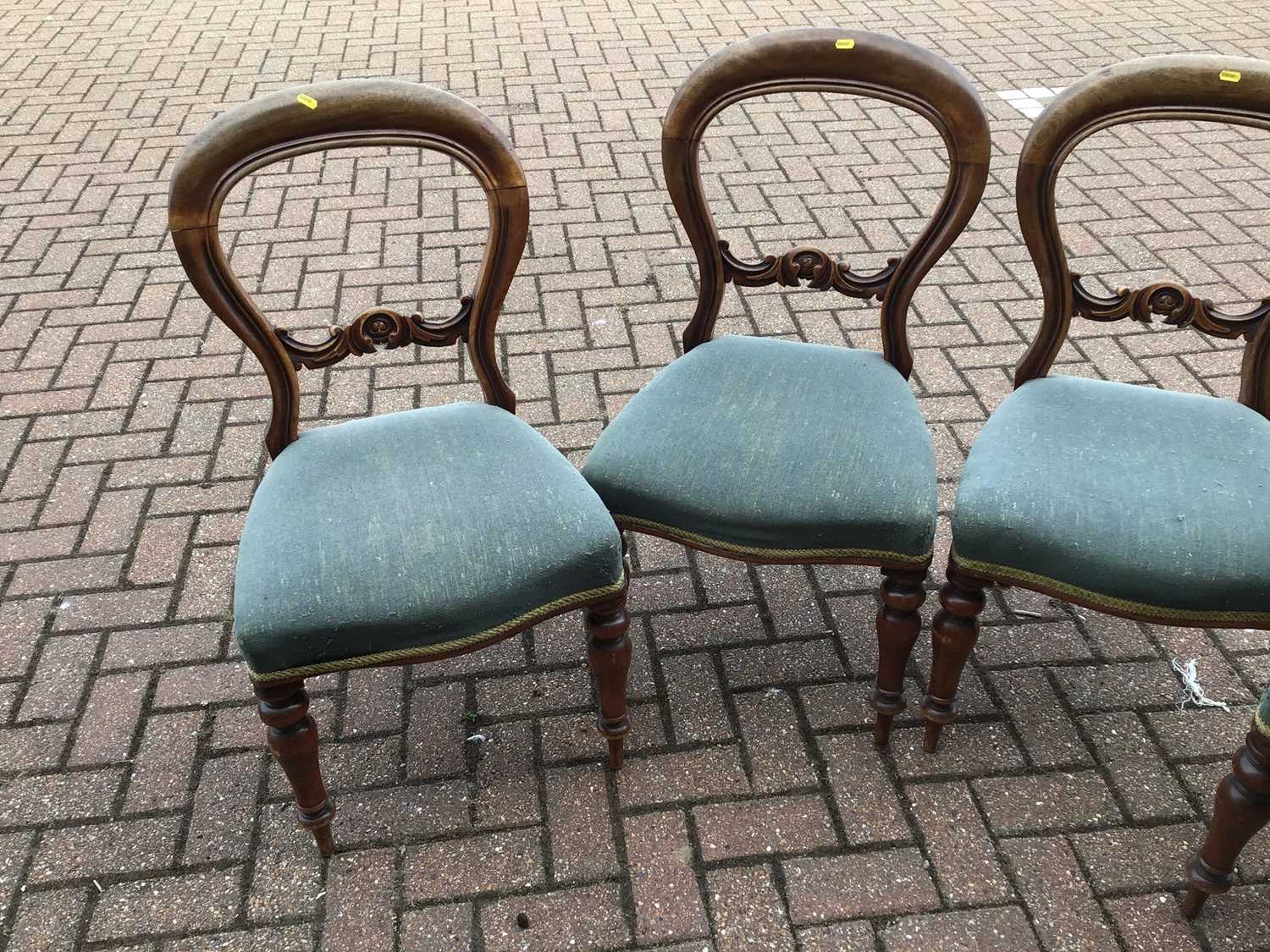 Set of four Victorian mahogany balloon back dining chairs upholstered in blue material on turned - Image 3 of 3