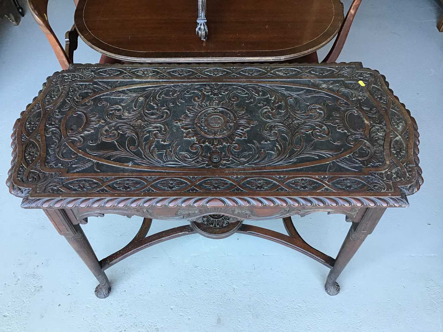 19th century Anglo Indian carved side table on turned legs joined by stretcher H72cm W107cm D58cm - Image 3 of 3