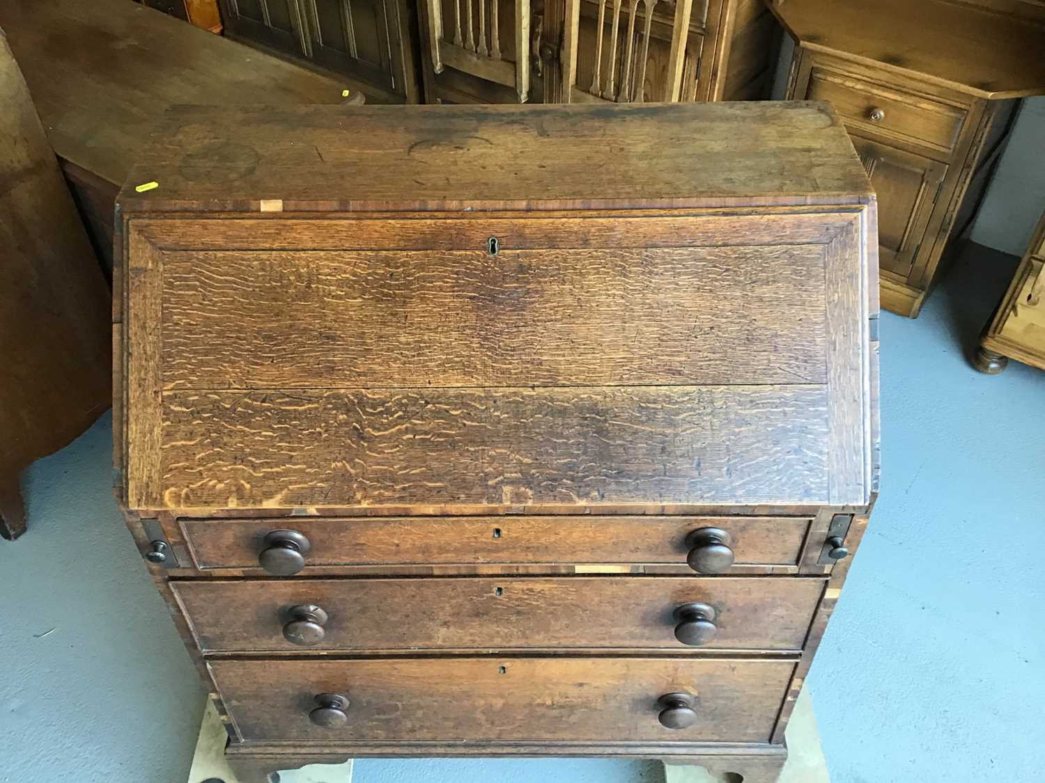 19th century oak bureau with fitted interior above three drawers on bracket feet H106.5cm W90cm D48. - Image 2 of 6