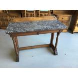 Victorian oak marble topped tall table with ledge back two drawers below on carved supports H83cm W1