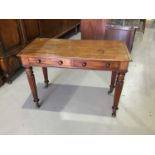 Victorian mahogany side table two drawers below with bun handles on turned and reeded legs H75cm