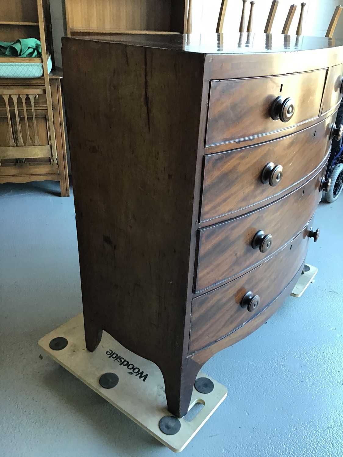 George III mahogany bow front chest of two short and three long drawers with turned handles on brac - Image 4 of 4