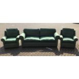 Contemporary three piece suite upholstered in green material of a traditional shape comprising of a