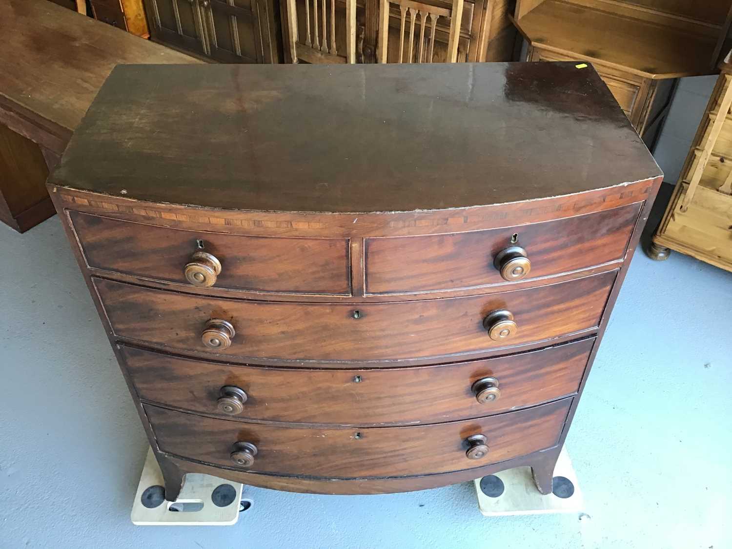 George III mahogany bow front chest of two short and three long drawers with turned handles on brac - Image 3 of 4