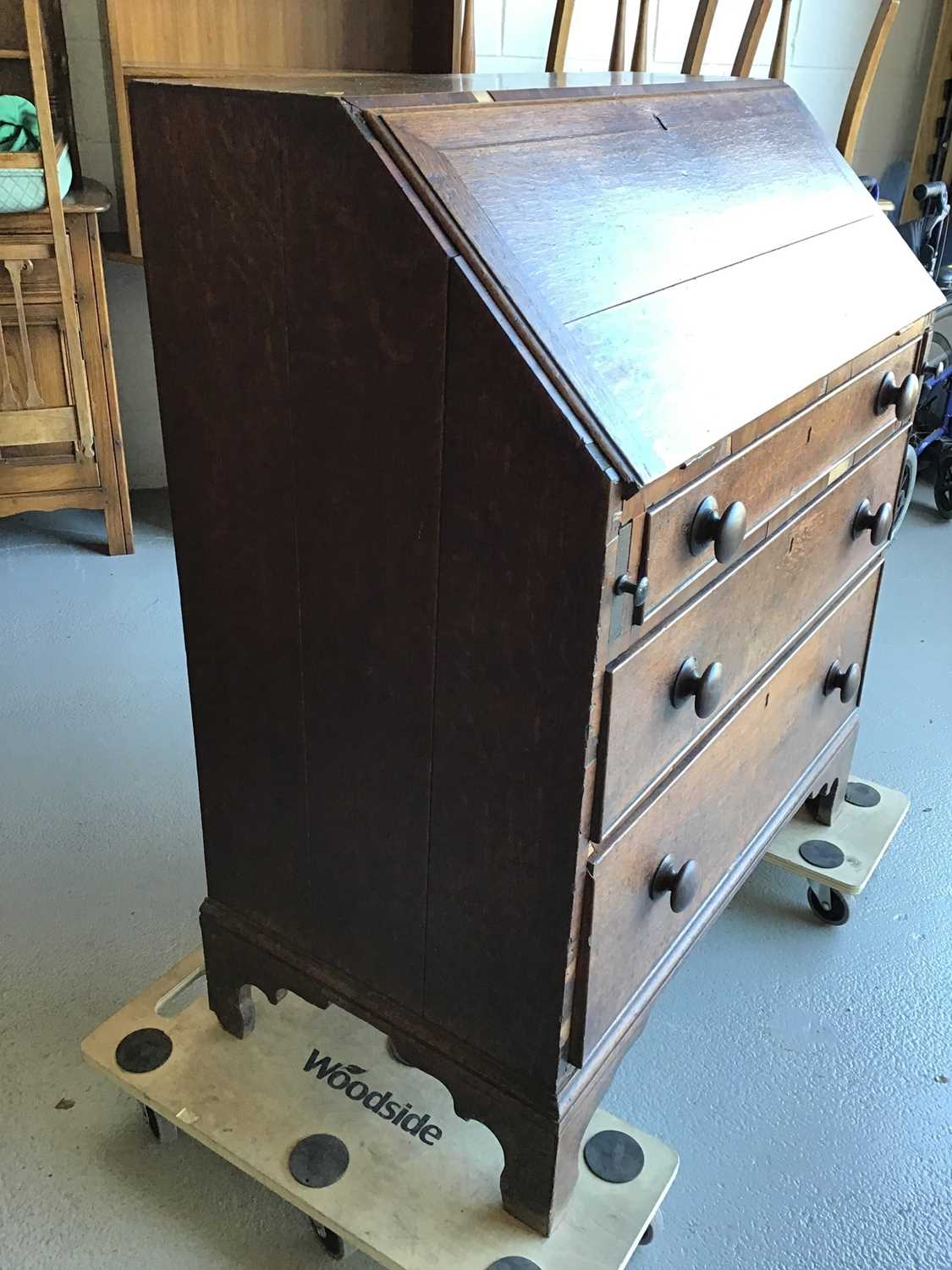 19th century oak bureau with fitted interior above three drawers on bracket feet H106.5cm W90cm D48. - Image 3 of 6