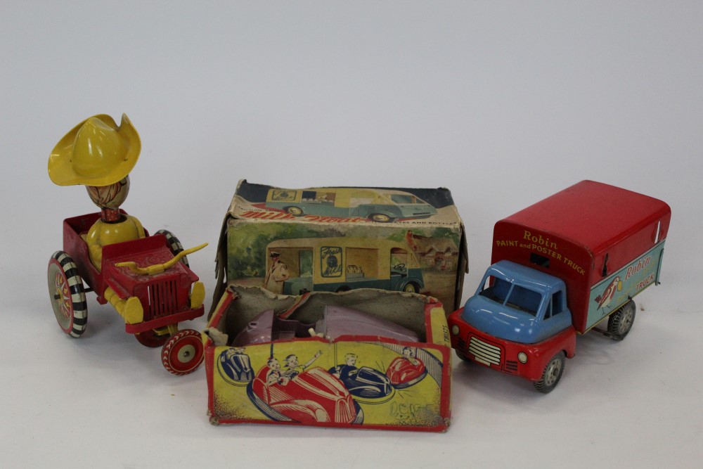 Timplate clockwork robin paint & poster truck, plastic clockwork dodgem car (part original box), fri