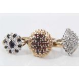 Three 9ct gold gem set cluster rings