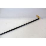 19th century ebony walking cane with stepped decoration with silver plated mount and carved ivory ha