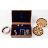 Set six silver gilt mother of pearl dress studs in fitted case, silver bangle, silver and blue ename