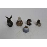 Five Royal Copenhagen animals - Rabbit number 1019, Otter with fish number 2333, Mouse on chestnut n