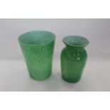 Two Graystan mottled green art glass vases, one signed