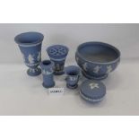 Collection of Wedgewood Jasper ware including pedestal bowl, vases, candlesticks etc