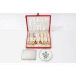 Set of 6 Danish silver gilt and enamel coffee spoons in fitted box, marked Fricast, Danish silver an