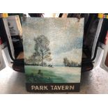 Large 20th century hand painted pub sign depicting a Hunt in park land- 'Park Tavern'