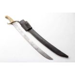 19th Century European side arm with ribbed brass hilt and curved blade in leather scabbard