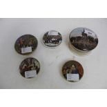 Five Prattware pot lids including Albert Memorial Hyde Park, Bears and Alas! Poor Bruin