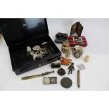 Vintage tin containing a quantity to various items to include a leather purse with silver mounts, pa