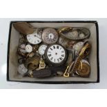 Two silver cased pocket watches and various watch parts