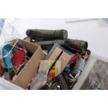 One box of Militaria to include torches, cap badges, whistles and sundry items