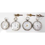 Four silver cased fob watches