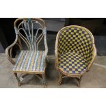 Two charming 1920s children's musical chairs with coloured cane weave and bamboo, the seats with Fre