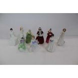 Nine Royal Doulton figures - Best Wishes HN3426, Fair Maiden HN2211, Vanity HN2475, Top o The Hill H