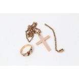 9ct rose gold cross pendant on chain and 15ct gold ring
