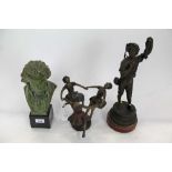 Painted pottery bust of Beethoven, a brass group of three girls dancing, and a spelter figure of a b