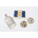 White metal Hebrew plaque, Jewish enamel presentation brooch, Jewish medallion and fabric badge