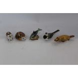 Five Royal Crown Derby paperweights - Orchard Hedgehog, Pied Wagtail, Duck-billed Platypus, Lyme Ba